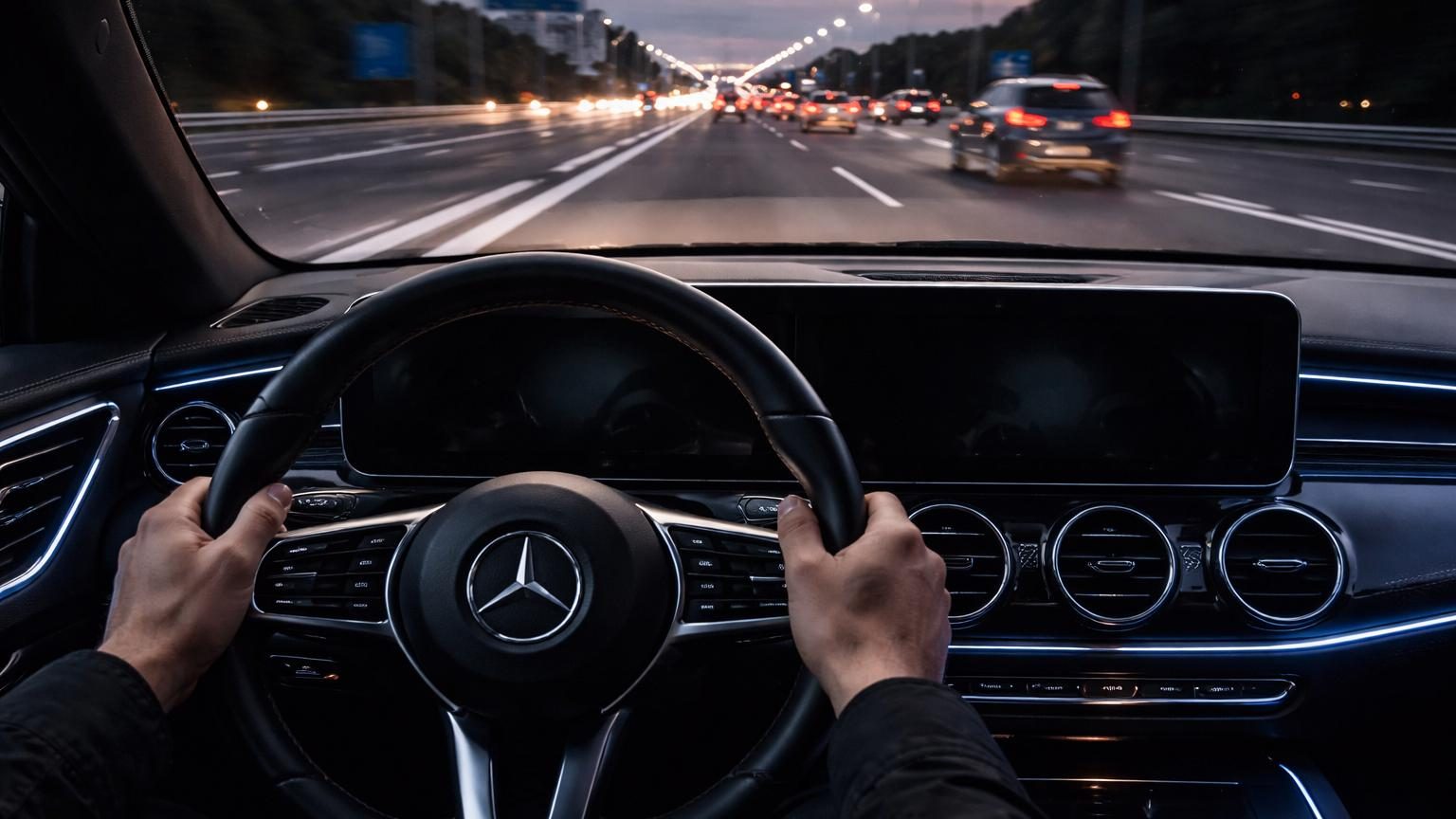 Écran de tableau de bord numérique d'une Mercedes affichant la vitesse, le carburant et les alertes, illustrant le système MBUX susceptible d'être affecté par le bug logiciel