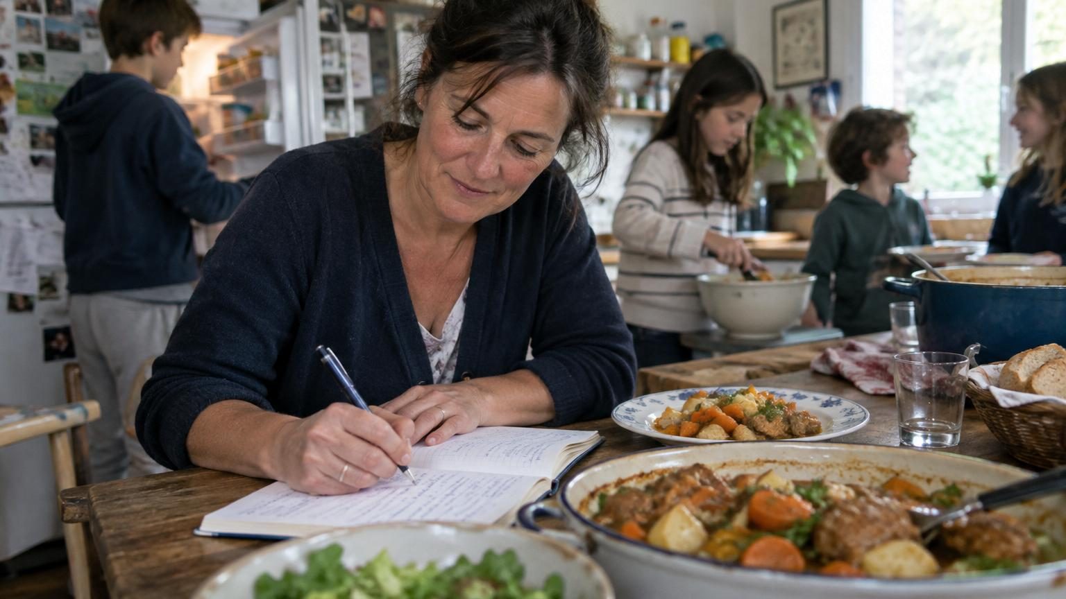 Une mère en cuisine distribuant des assiettes fumantes de gratin de pâtes à une table remplie d'enfants, tandis qu'un carnet ouvert pose à proximité.