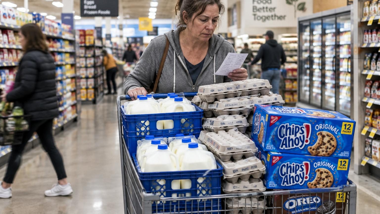 Une femme remplit un chariot de supermarché débordant de packs de lait, sacs de carottes et boîtes d'œufs empilées, tandis que d'autres clients observent avec curiosité la quantité impressionnante de provisions.