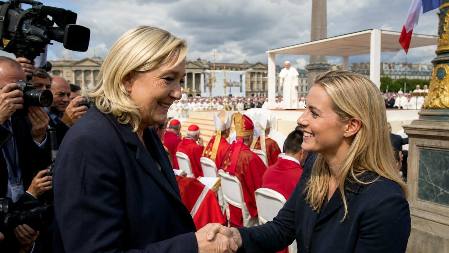 Marine Le Pen et Marion Maréchal se saluent chaleureusement devant les caméras lors de la messe du pape Léon XIV à la Place de la Concorde.