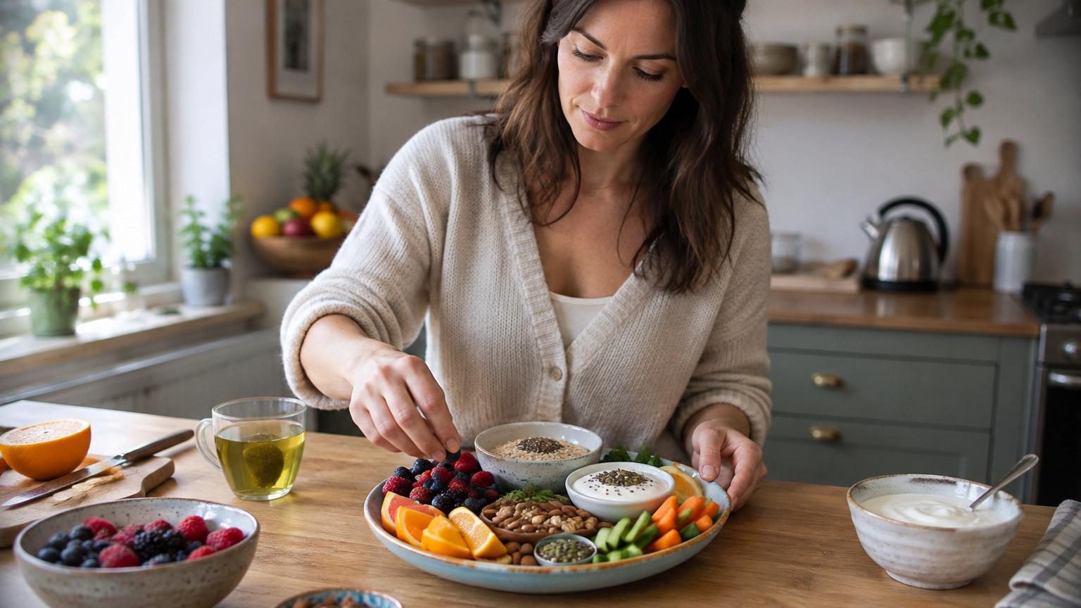 Plateau de fruits, légumes et aliments protéinés (œufs, poisson, légumineuses) illustrant une alimentation équilibrée pour relancer naturellement le métabolisme.
