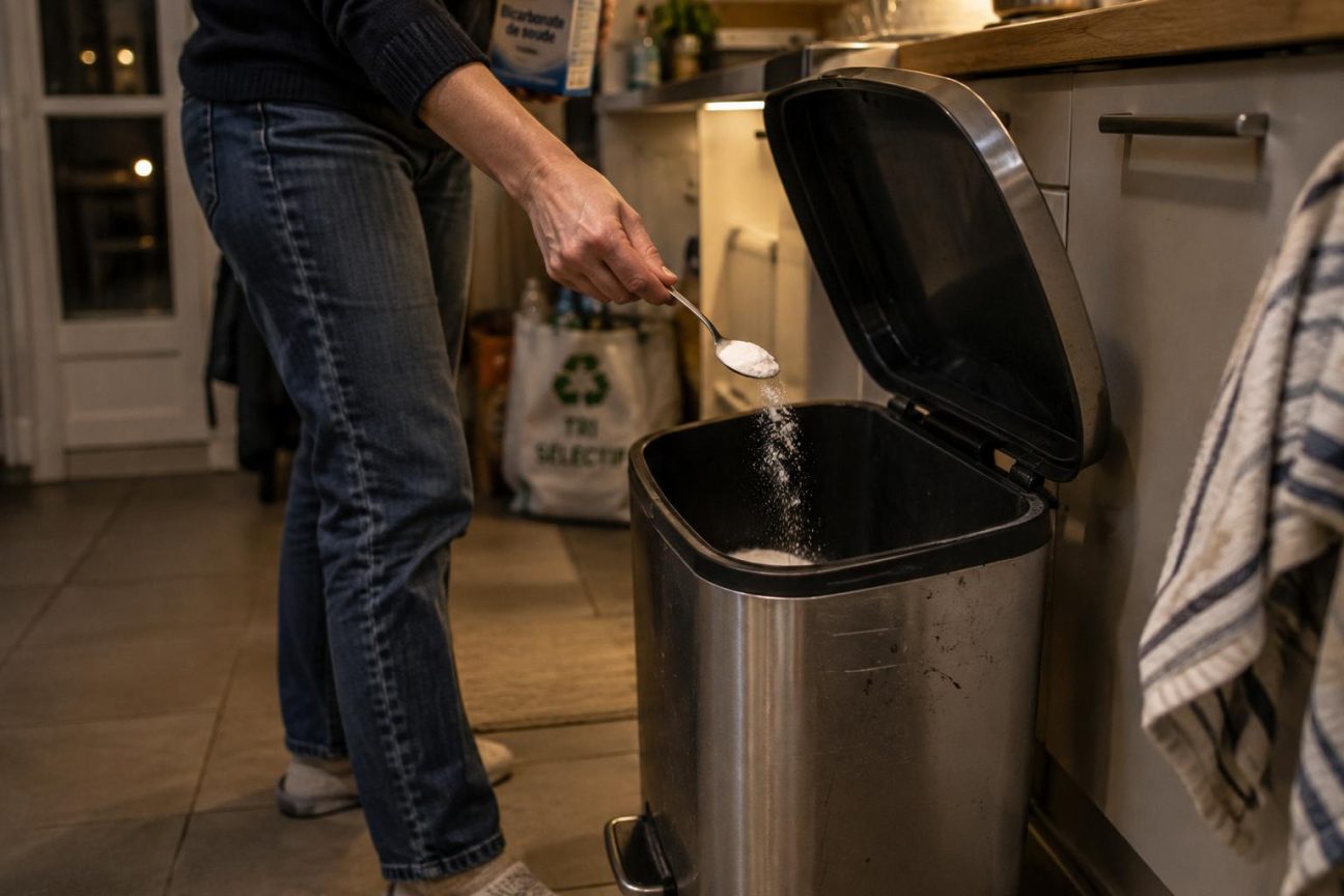 Bicarbonate de soude en poudre blanc versé au fond d'une poubelle de cuisine propre et sèche, avant la mise en place d'un nouveau sac