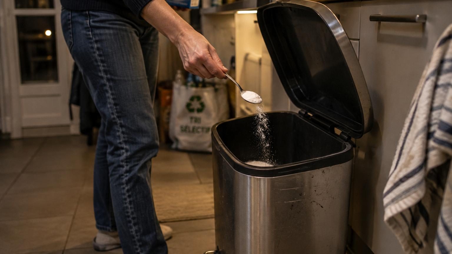 Bicarbonate de soude en poudre blanc versé au fond d'une poubelle de cuisine propre et sèche, avant la mise en place d'un nouveau sac