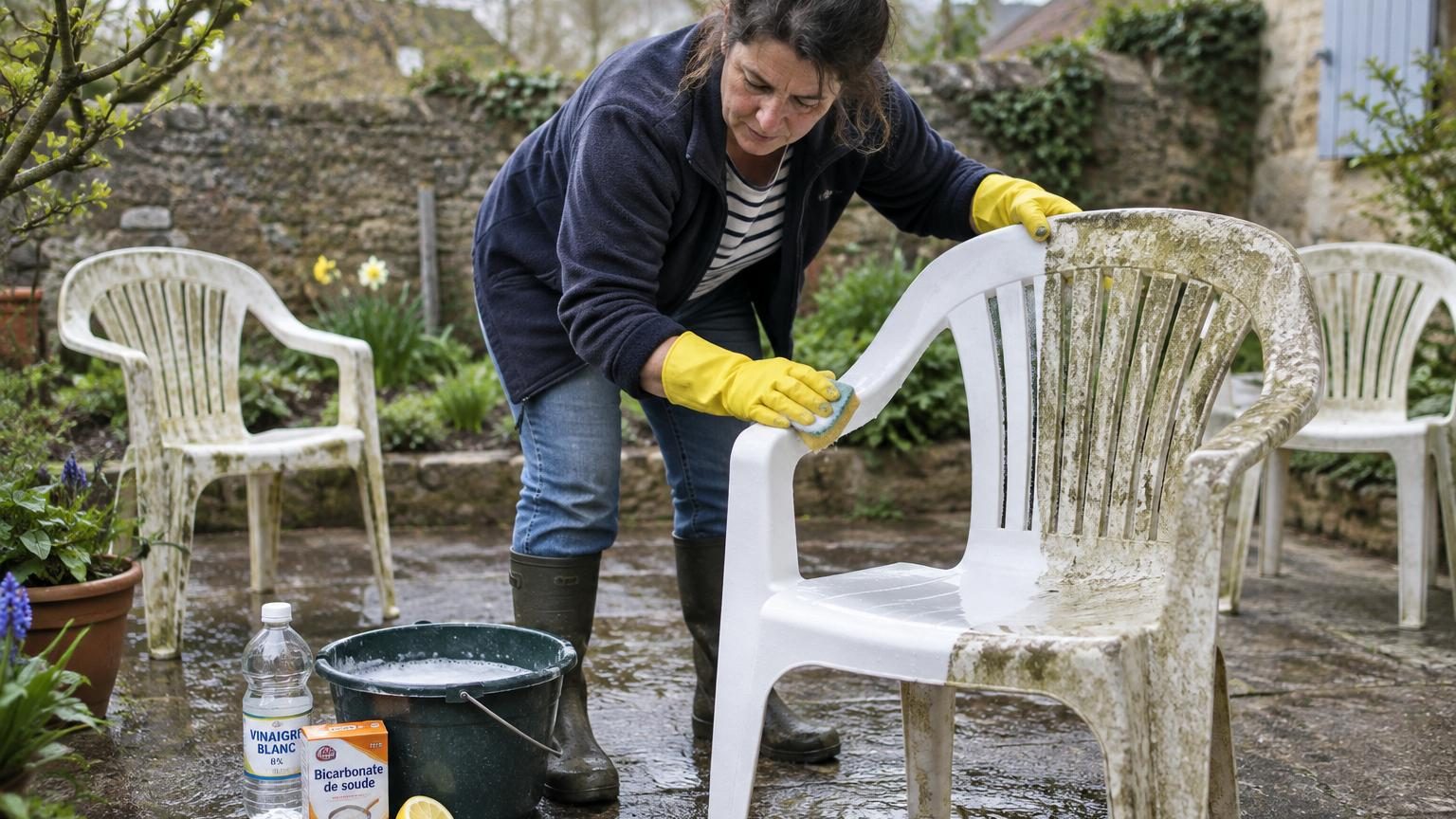 Chaises de jardin en plastique blanc jaunies après l'hiver, piquées de taches brunes, posées sur un balcon ou une terrasse avec une bâche à proximité