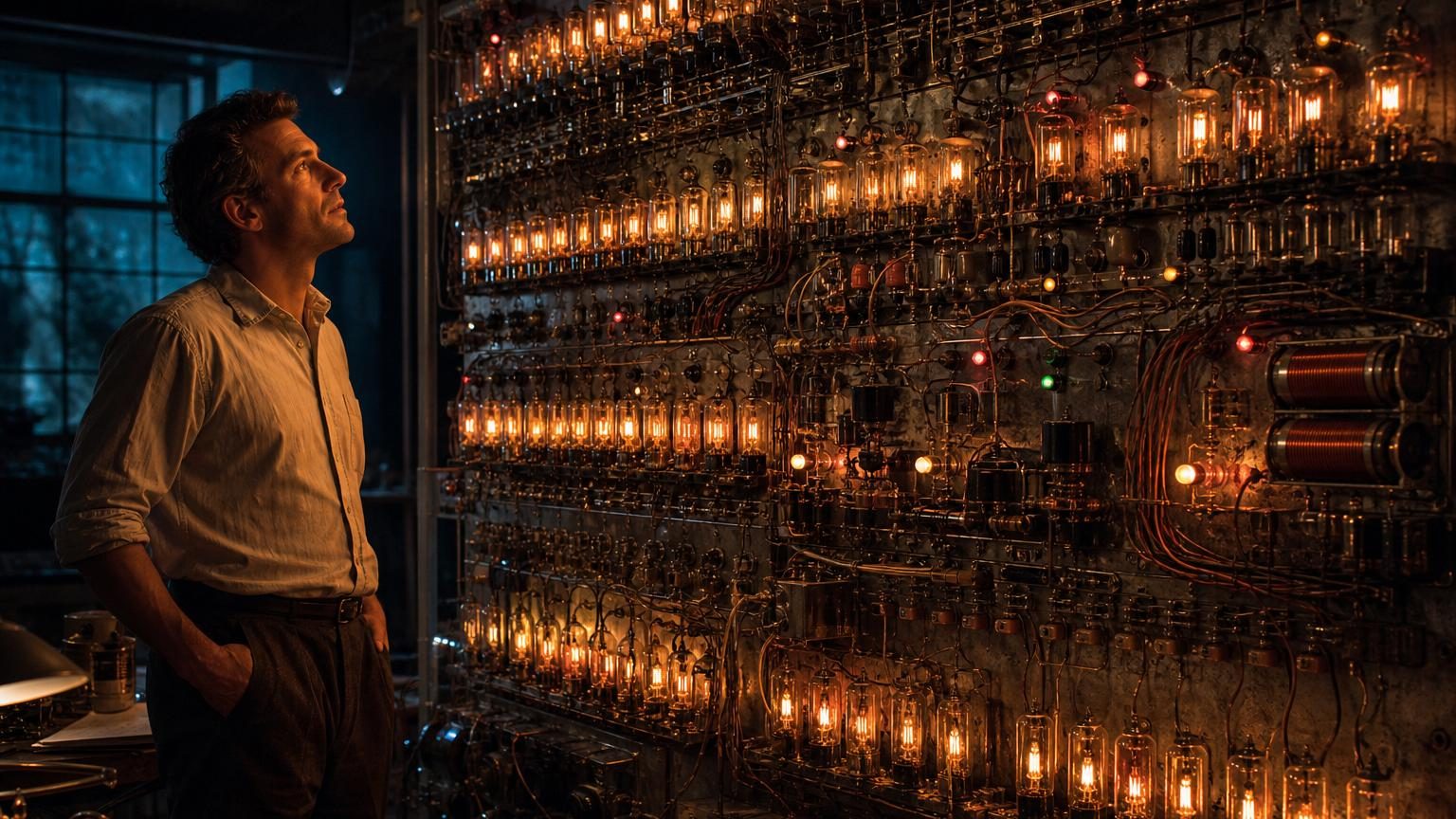 Panneau mural montrant l'ordinateur rétro composé de 460 tubes à vide interconnectés par un dense câblage, avec voyants lumineux affichant l'état des opérations.
