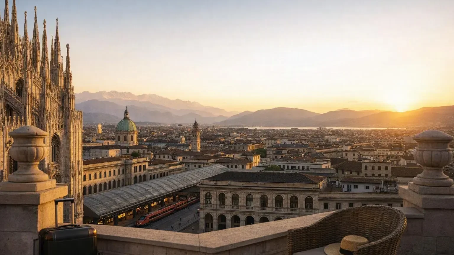 Vue aérienne de Milan montrant le Duomo gothique au centre, entouré de palais historiques, boutiques modernes et canaux des Navigli, avec les Alpes visibles à l'horizon.