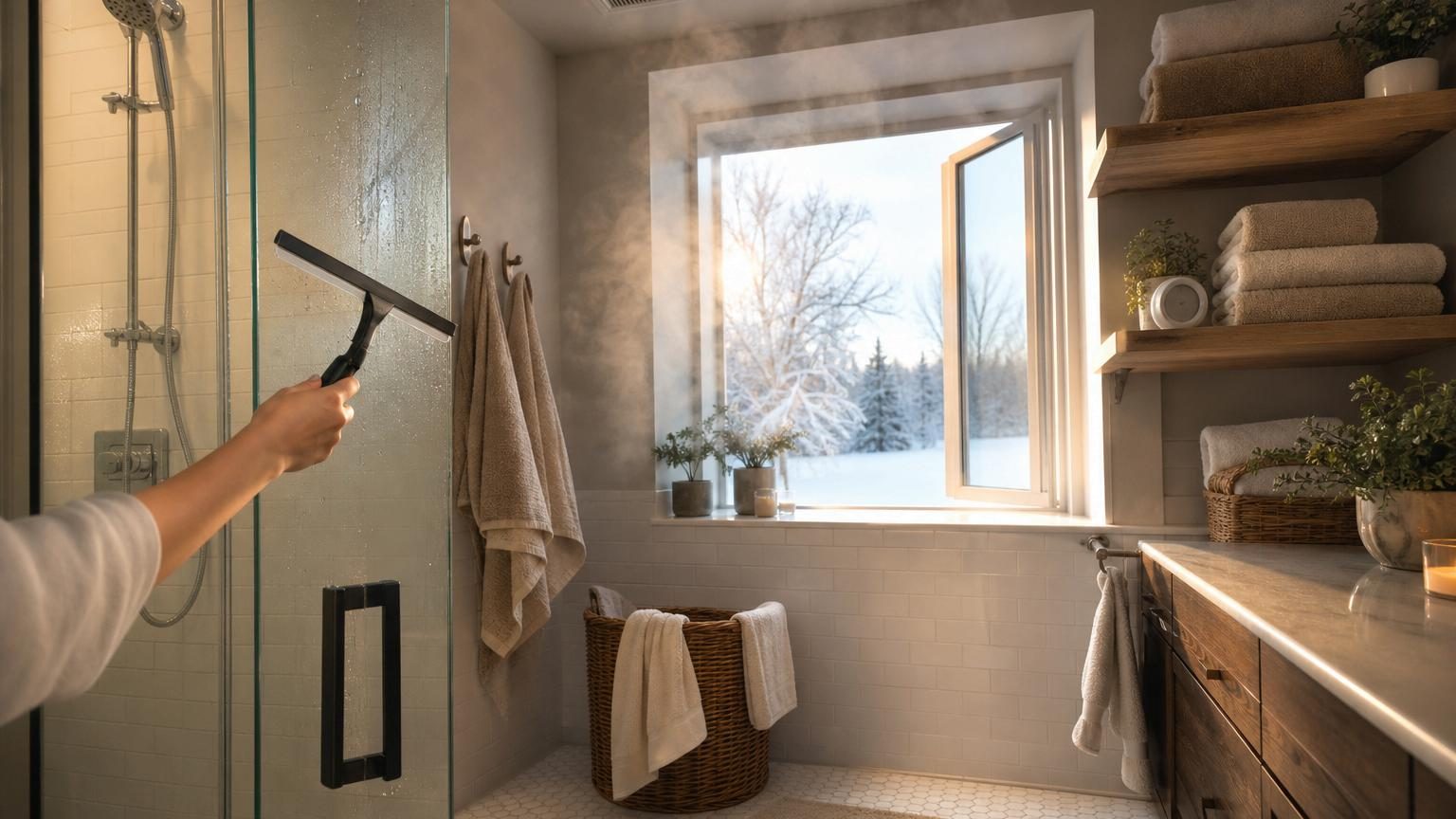 Une salle de bains avec miroir embuée, joints noircis par des moisissures, serviettes humides et traces de condensation sur le carrelage par temps d'hiver.