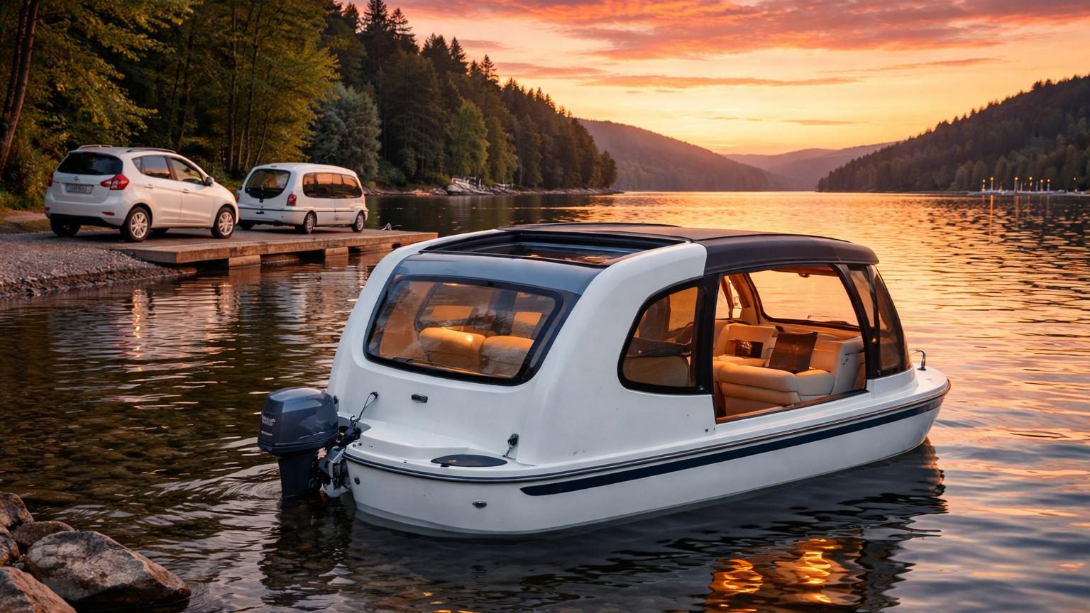 Vue d'ensemble du Sealander allemand, remorque légère hybride caravane-bateau de forme en larme, garée à proximité d'un plan d'eau calme.