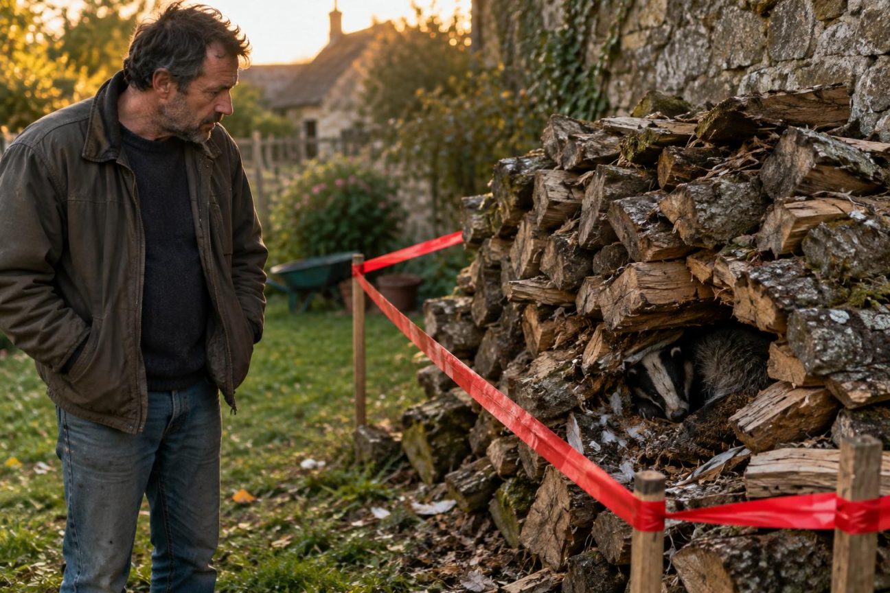 Un blaireau roulé en boule parmi des bûches de bois dans une nuit filmée en noir et blanc par caméra de chasse, montrant l'animal installé confortablement dans son refuge improvisé.
