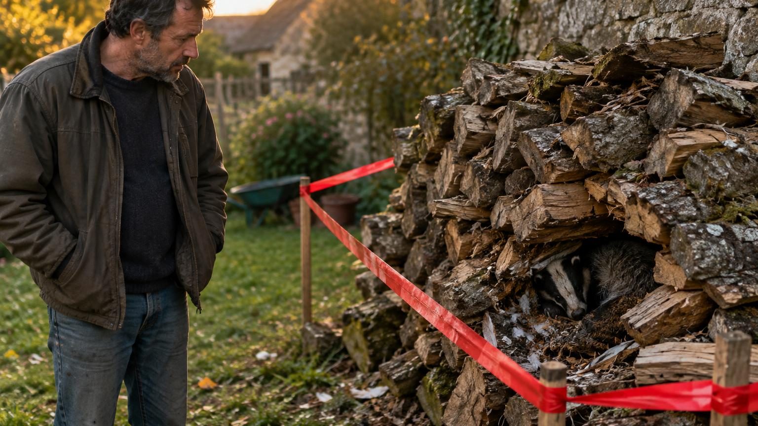 Un blaireau roulé en boule parmi des bûches de bois dans une nuit filmée en noir et blanc par caméra de chasse, montrant l'animal installé confortablement dans son refuge improvisé.