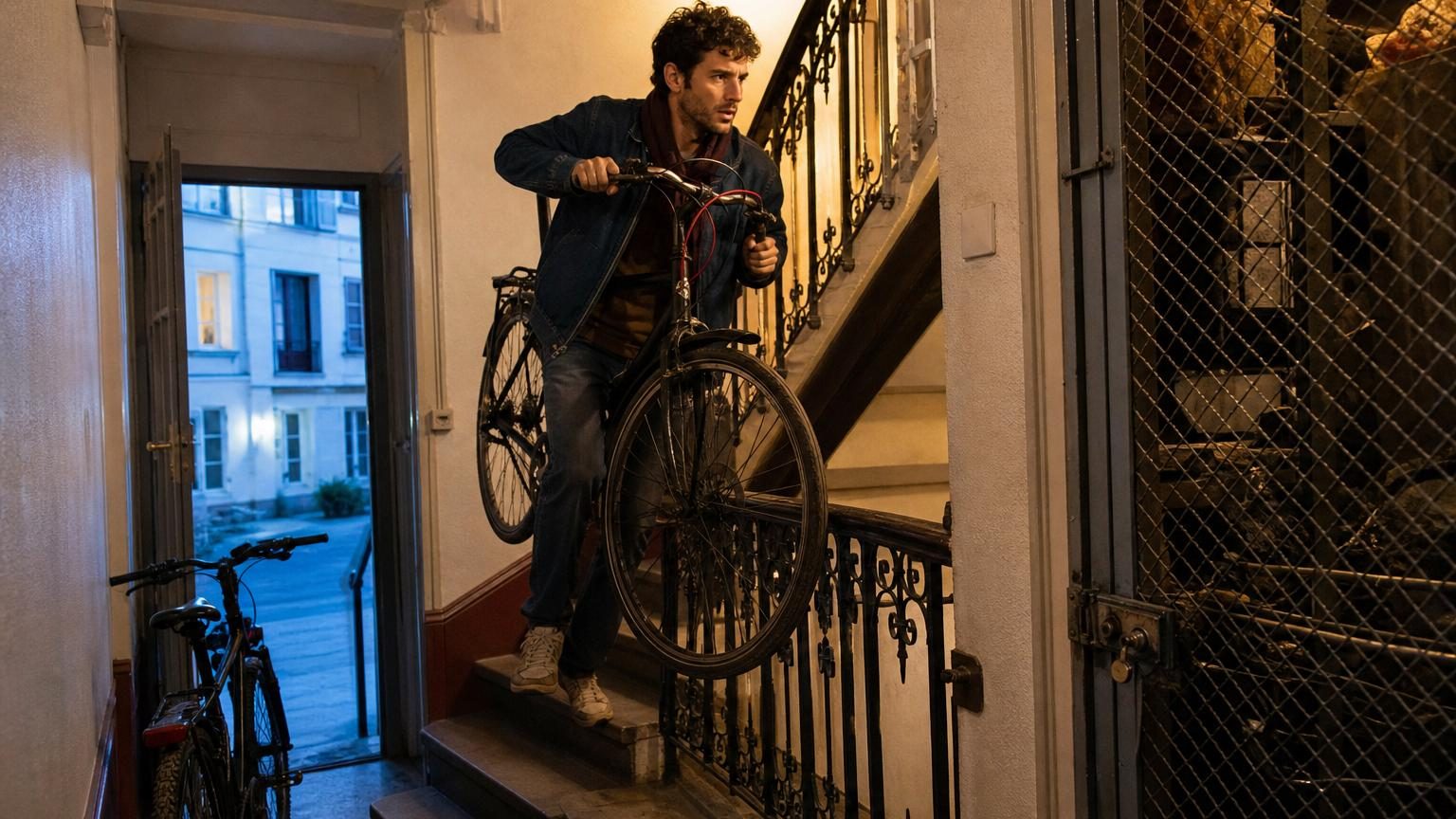 Un voisin pousse un vélo dans l'escalier d'un immeuble en fin d'après-midi, illustration de la sécurisation des deux-roues en habitat collectif.