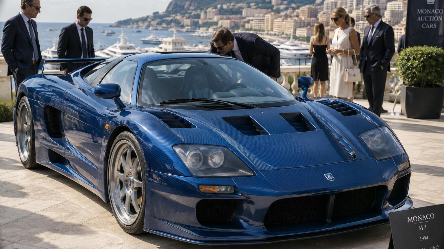 Supercar monégasque blanche et rouge aux lignes arrondies des années 1990, photographiée de profil avec ses proportions basses et larges typiques des hypercars de l'époque.