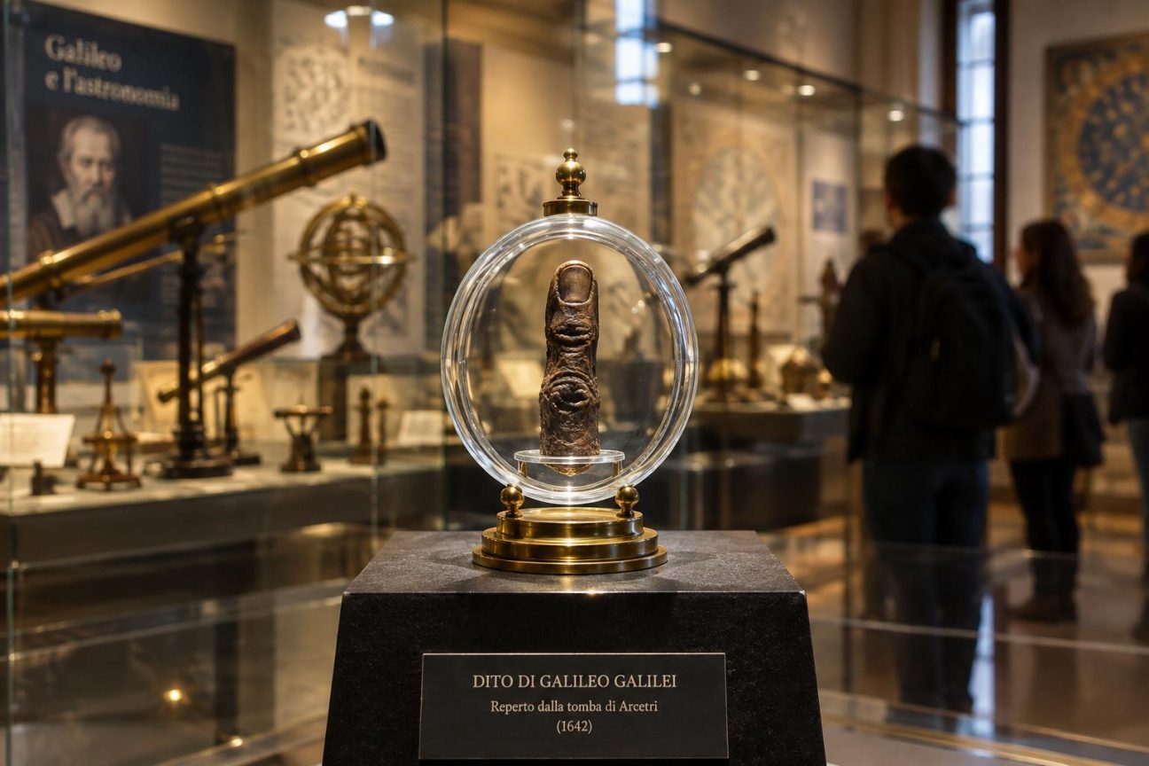 Le majeur momifié de Galilée exposé sous verre dans une vitrine de musée, entouré d'instruments scientifiques anciens comme une lunette astronomique, symbolisant le génie scientifique du savant italien du XVIIe siècle.