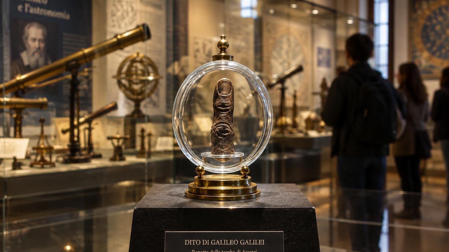 Le majeur momifié de Galilée exposé sous verre dans une vitrine de musée, entouré d'instruments scientifiques anciens comme une lunette astronomique, symbolisant le génie scientifique du savant italien du XVIIe siècle.
