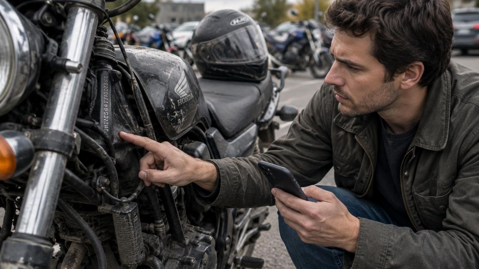 Gros plan sur un cadre de moto avec le numéro de série (VIN) gravé sur la colonne de direction, partiellement visible entre les câbles et la fourche.