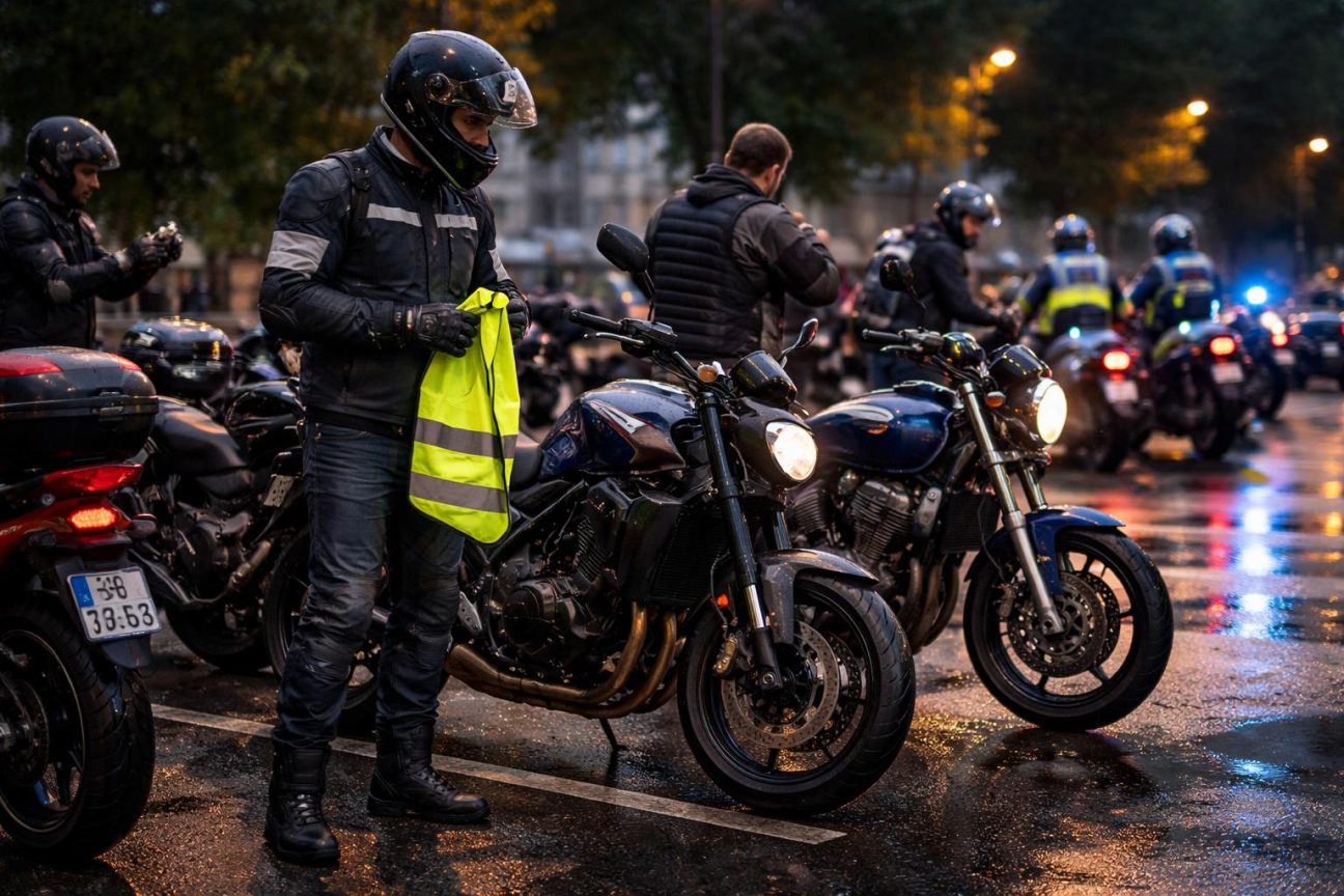 Un motard vérifie les détails de conformité de son équipement: casque homologué, gants CE certifiés et gilet rétro-réfléchissant, en préparation des nouvelles obligations légales.