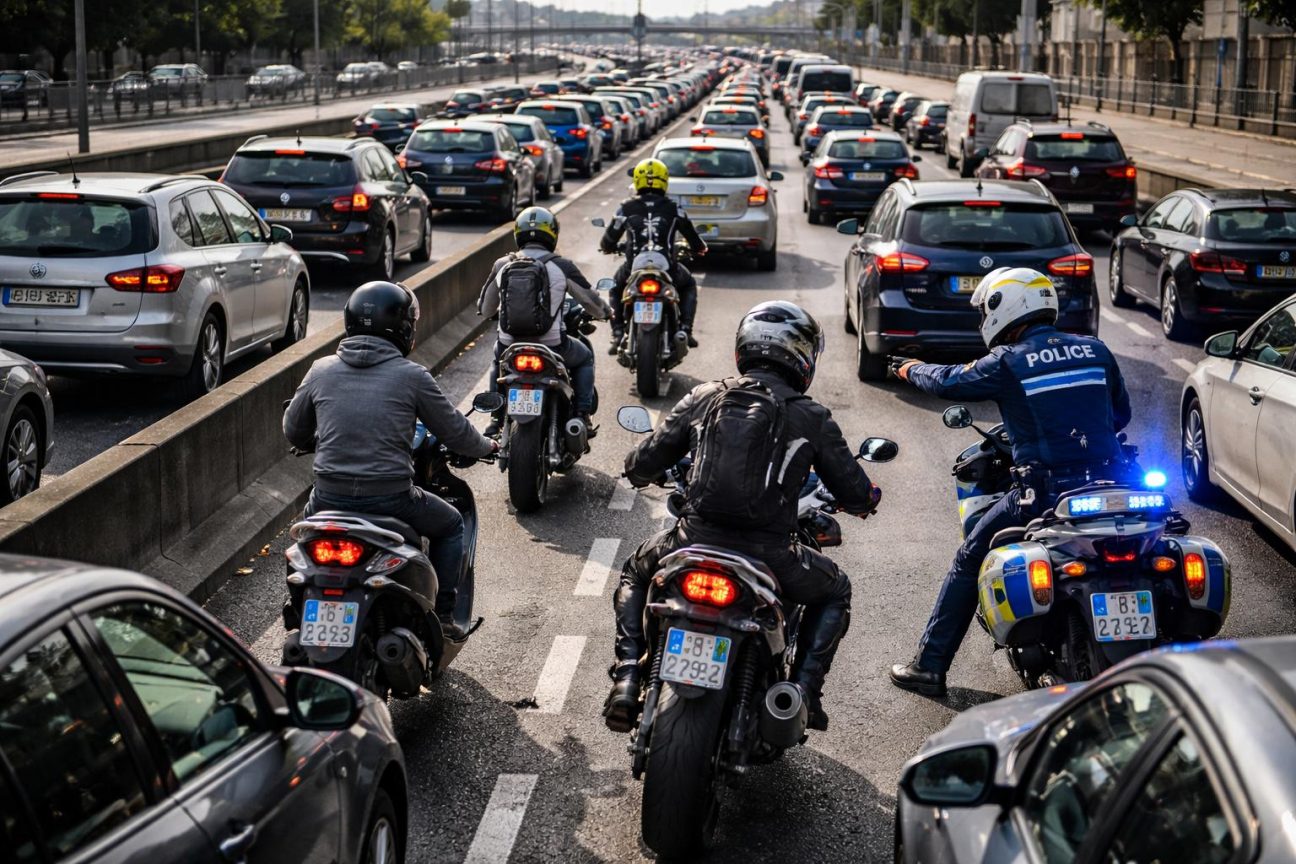 Motocycliste circulant entre les files de voitures dans un embouteillage urbain, avec gyrophare bleu de police visible en arrière-plan.