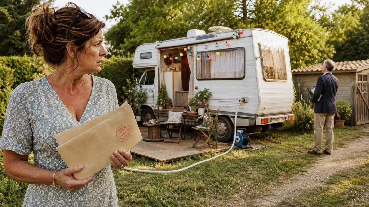 Un camping-car de couleur claire garé au fond d'un jardin verdoyant, avec une petite terrasse en palettes à proximité et une haie en arrière-plan.