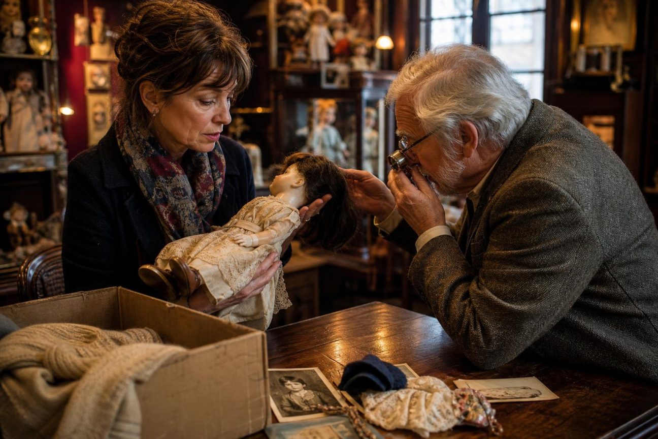 Poupée ancienne aux joues pâles, vêtue d'une robe crème cousue à la main, posée délicatement sur un fond neutre avec ses accessoires d'origine.