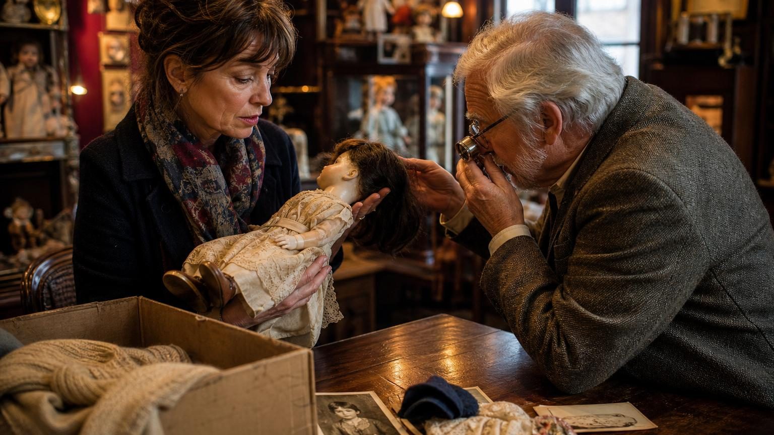Poupée ancienne aux joues pâles, vêtue d'une robe crème cousue à la main, posée délicatement sur un fond neutre avec ses accessoires d'origine.