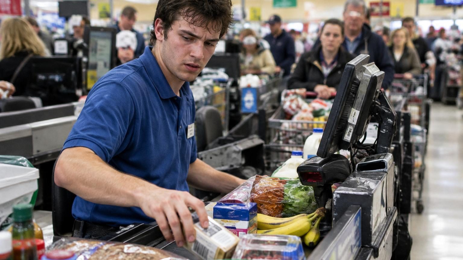 Un employé en polo bleu et badge à une caisse de supermarché, entouré de clients pressés, tapant sur le clavier tout en scannant des articles sur un tapis roulant.