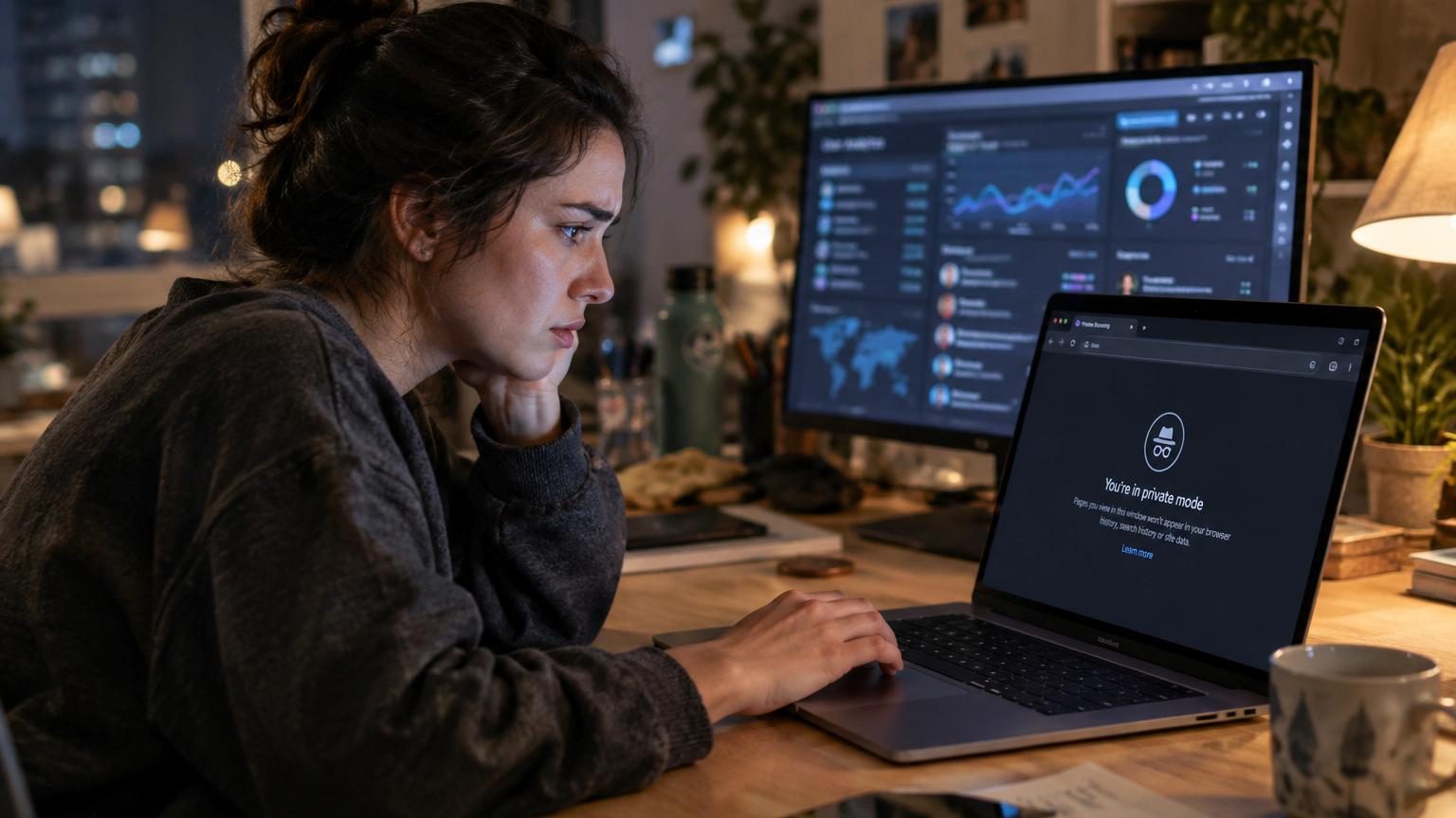 Écran de navigateur affichant une fenêtre en mode incognito avec icône d'espion et interface sombre, illustrant la fausse promesse d'anonymat en ligne.