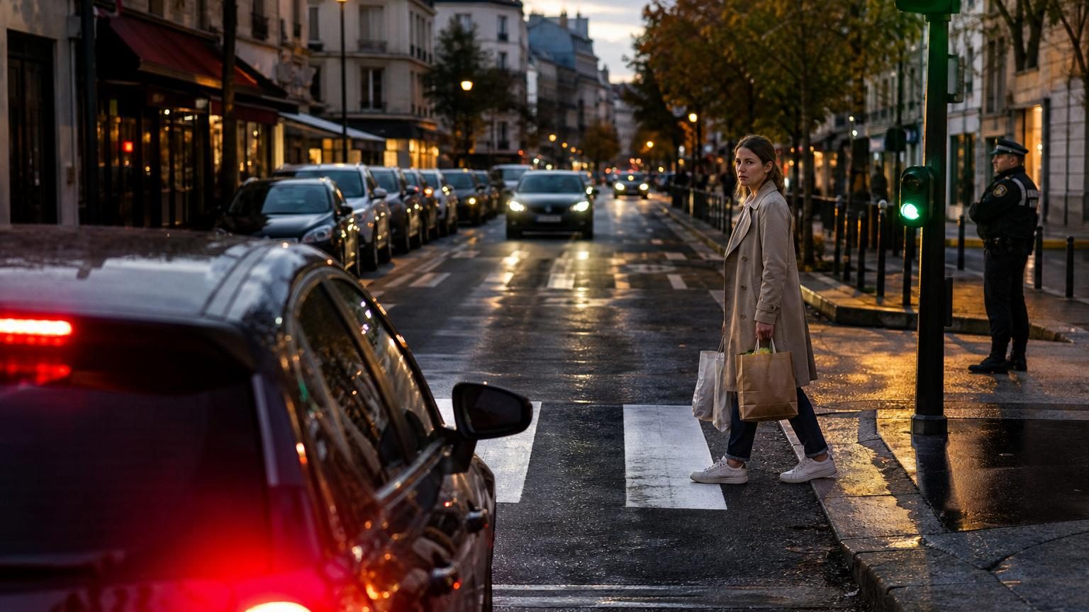 Une femme avec un sac de courses attend au bord du trottoir devant un passage piéton marqué de bandes blanches, tandis qu'une voiture approche du feu vert.