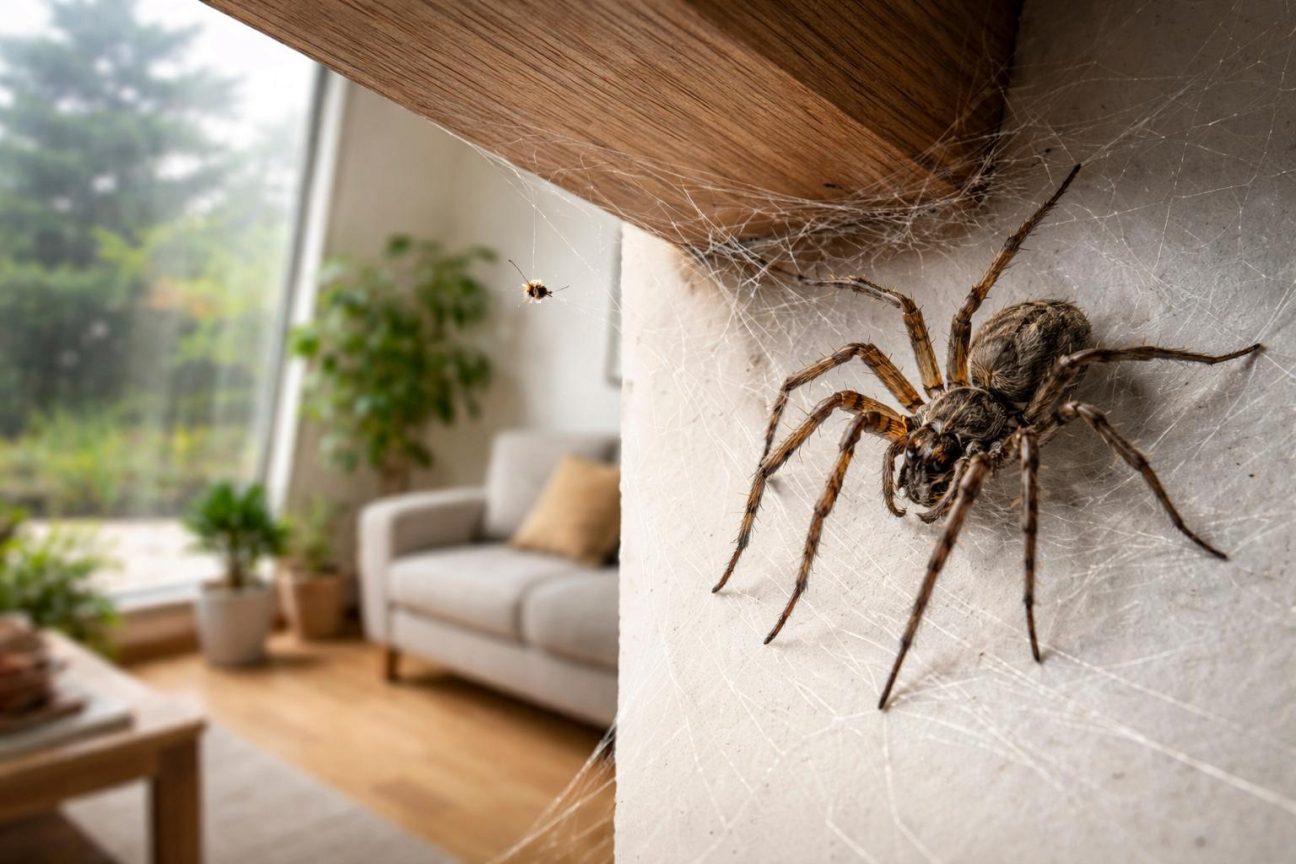 Araignée au corps brun rougeâtre avec des pattes longues, tissant une toile fine dans un coin sombre d'une maison.