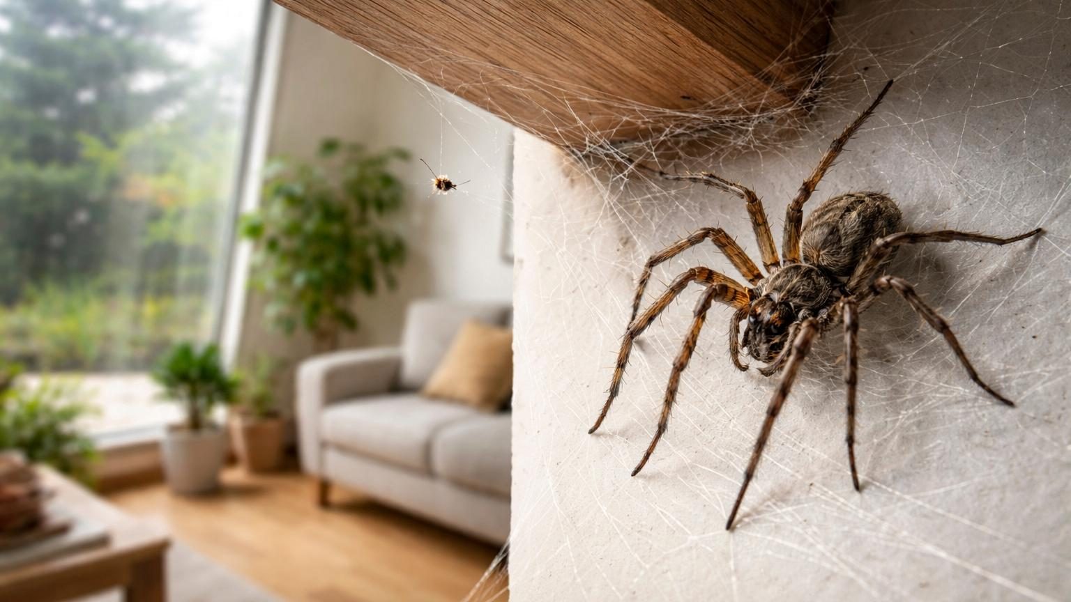 Araignée au corps brun rougeâtre avec des pattes longues, tissant une toile fine dans un coin sombre d'une maison.
