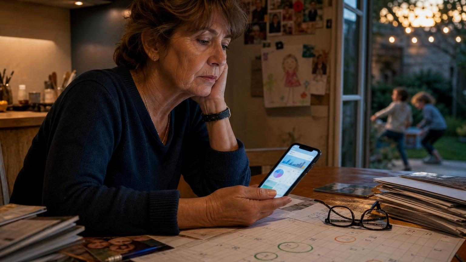 Portrait en gros plan d'une femme d'âge mûr, les cheveux gris, tenant un téléphone portable et regardant son écran de manière préoccupée, assise dans un environnement domestique calme.
