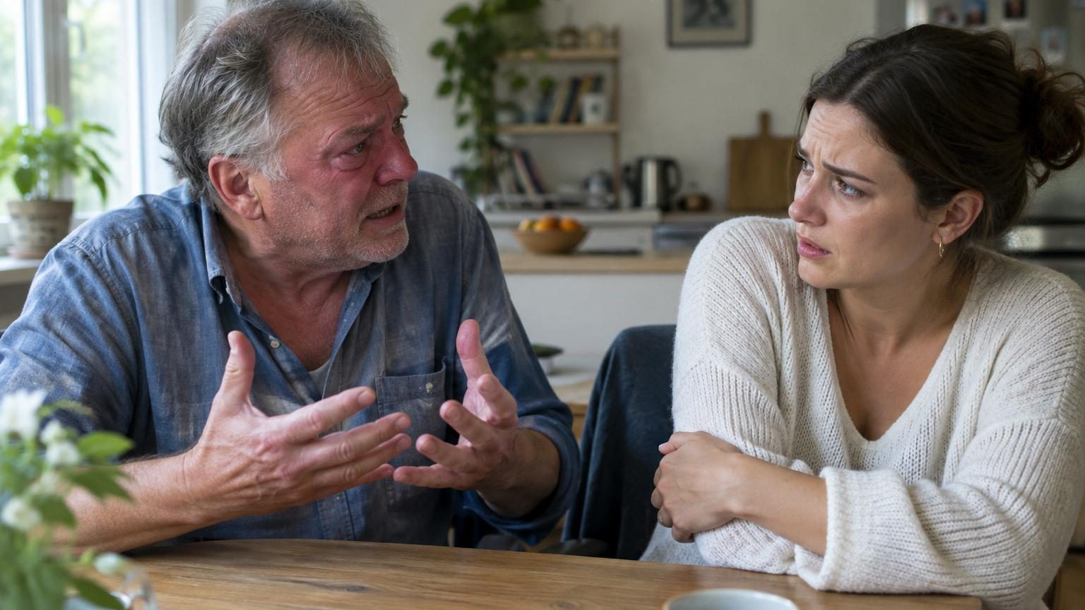 Un homme d'âge mûr ou senior assis seul dans un bureau, la tête baissée, rougissant ou montrant un malaise émotionnel après un débordement, illustrant la tension émotionnelle chez les baby-boomers