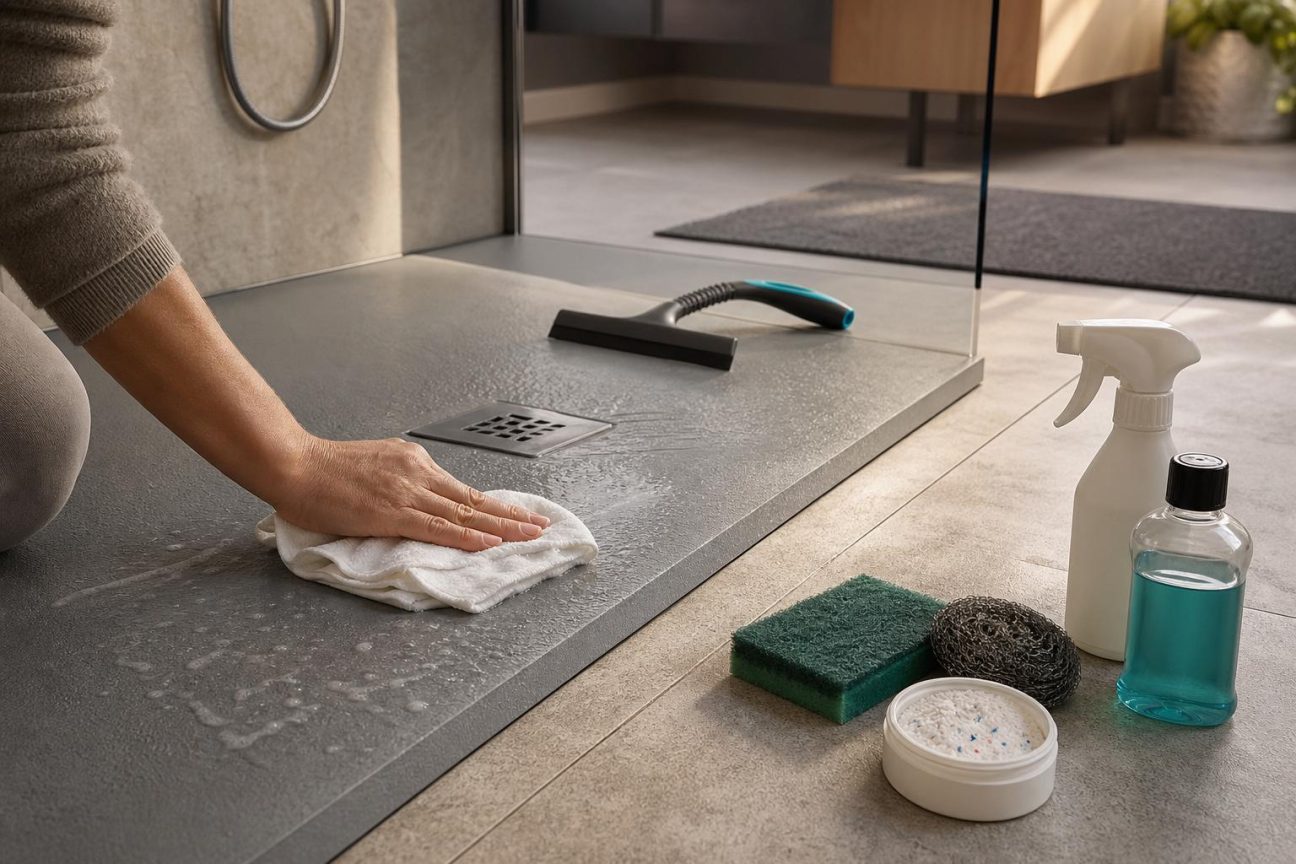 Receveur de douche en résine texturée avec traces de calcaire blanc près de la bonde, montrant une microfibre douce et une raclette pour le nettoyage en douceur.
