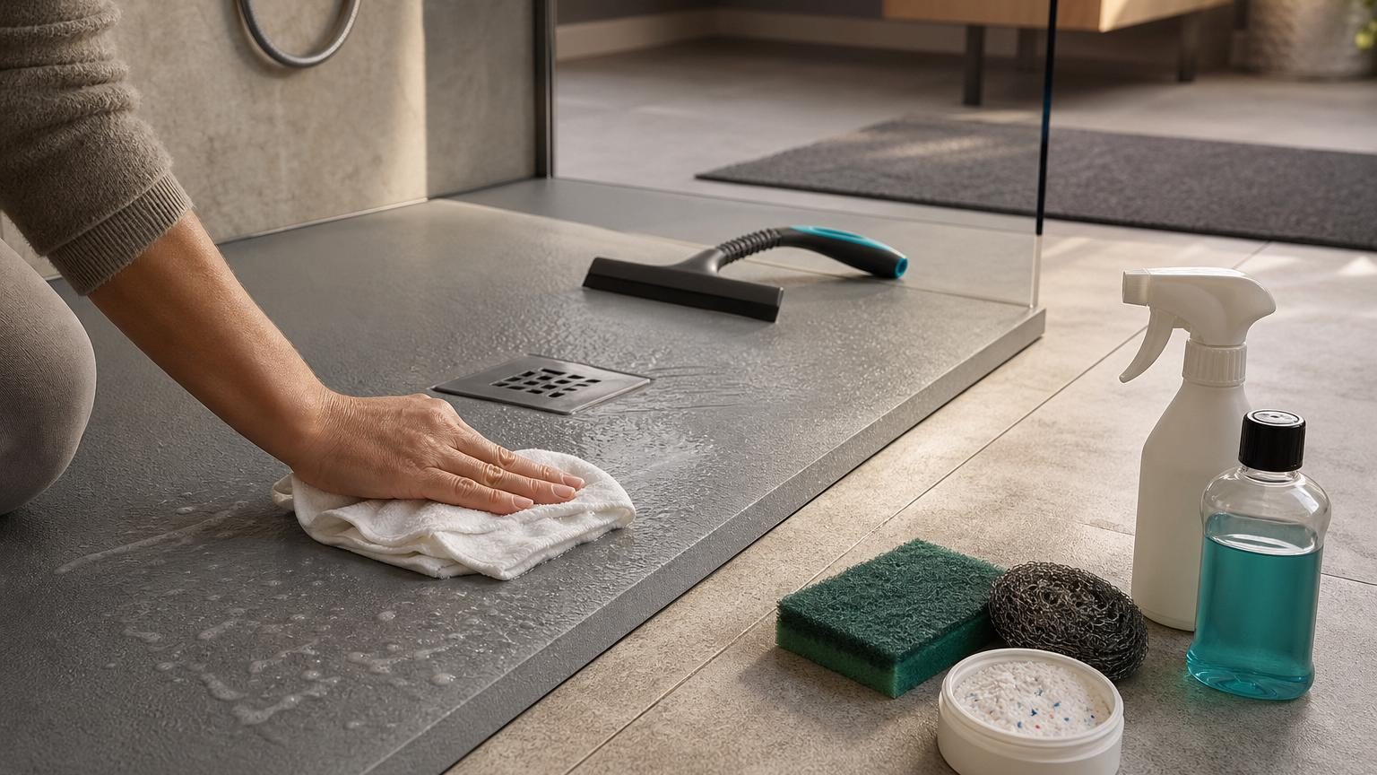 Receveur de douche en résine texturée avec traces de calcaire blanc près de la bonde, montrant une microfibre douce et une raclette pour le nettoyage en douceur.