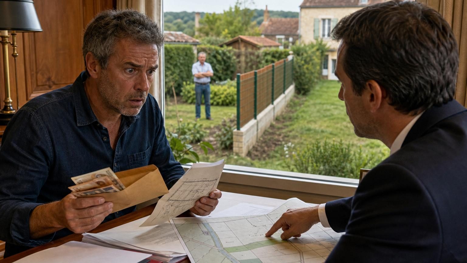 Deux voisins se serrant la main devant une bande de terrain délimitée par un ancien mur, avec un document notarié en arrière-plan symbolisant l'absence d'acte officiel.