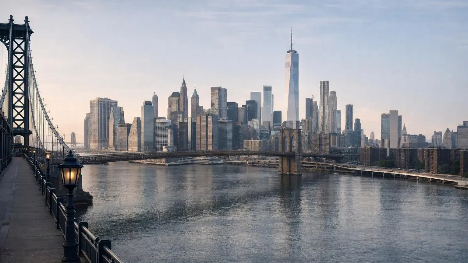 Vue aérienne de la skyline de Manhattan avec ses gratte-ciel typiques dominant l'East River, illustrant la grandeur architecturale de New York City.