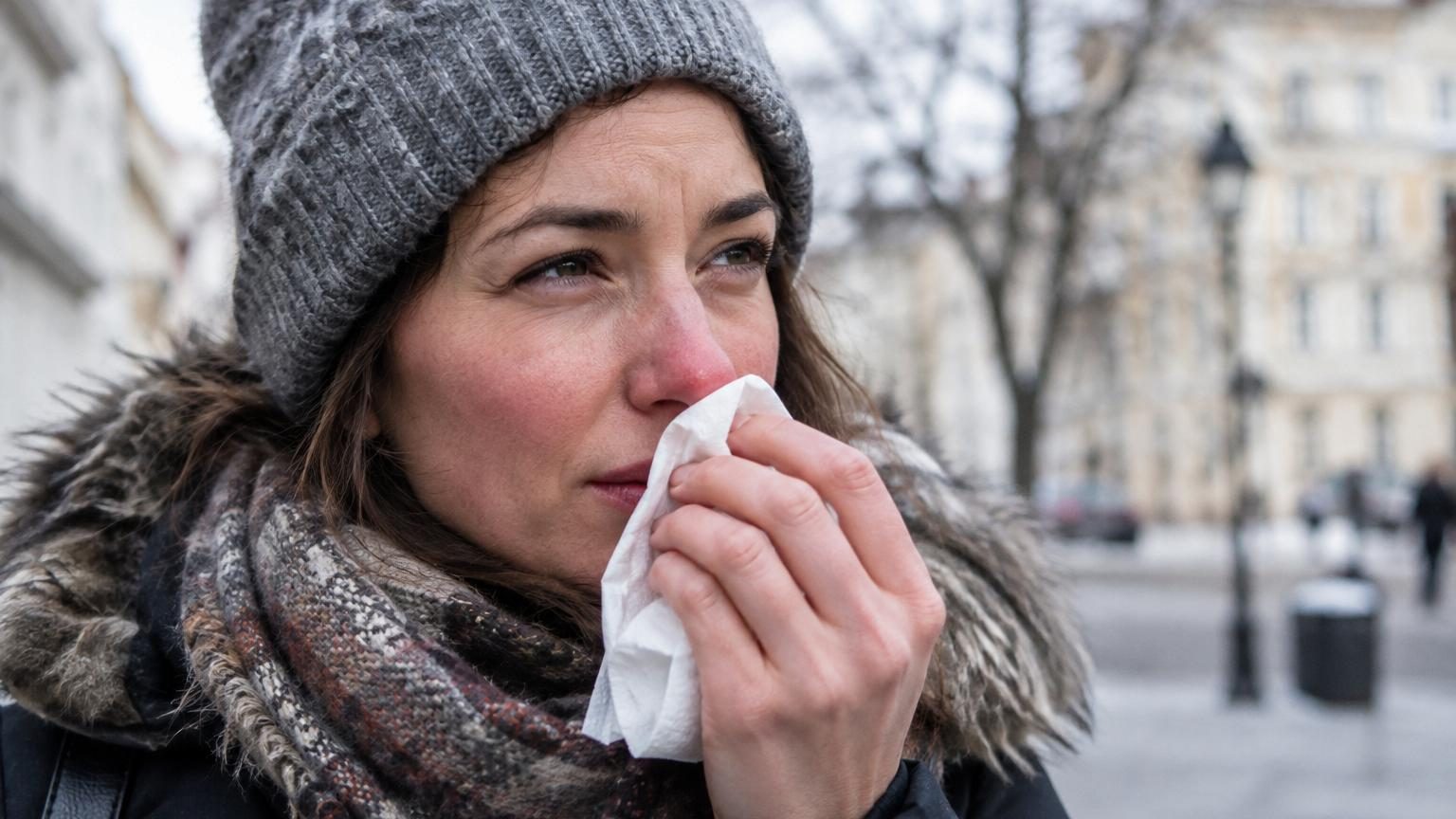 Gros plan du nez d'une personne vêtue d'une écharpe, montrant une coloration rougeâtre marquée due au froid