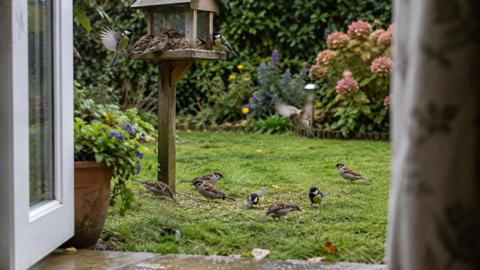 Vue d'une fenêtre entrouverte donnant sur un jardin calme aux premières lueurs du matin, avec des oiseaux visibles sur la pelouse couverte de rosée et des buissons verdoyants en arrière-plan.