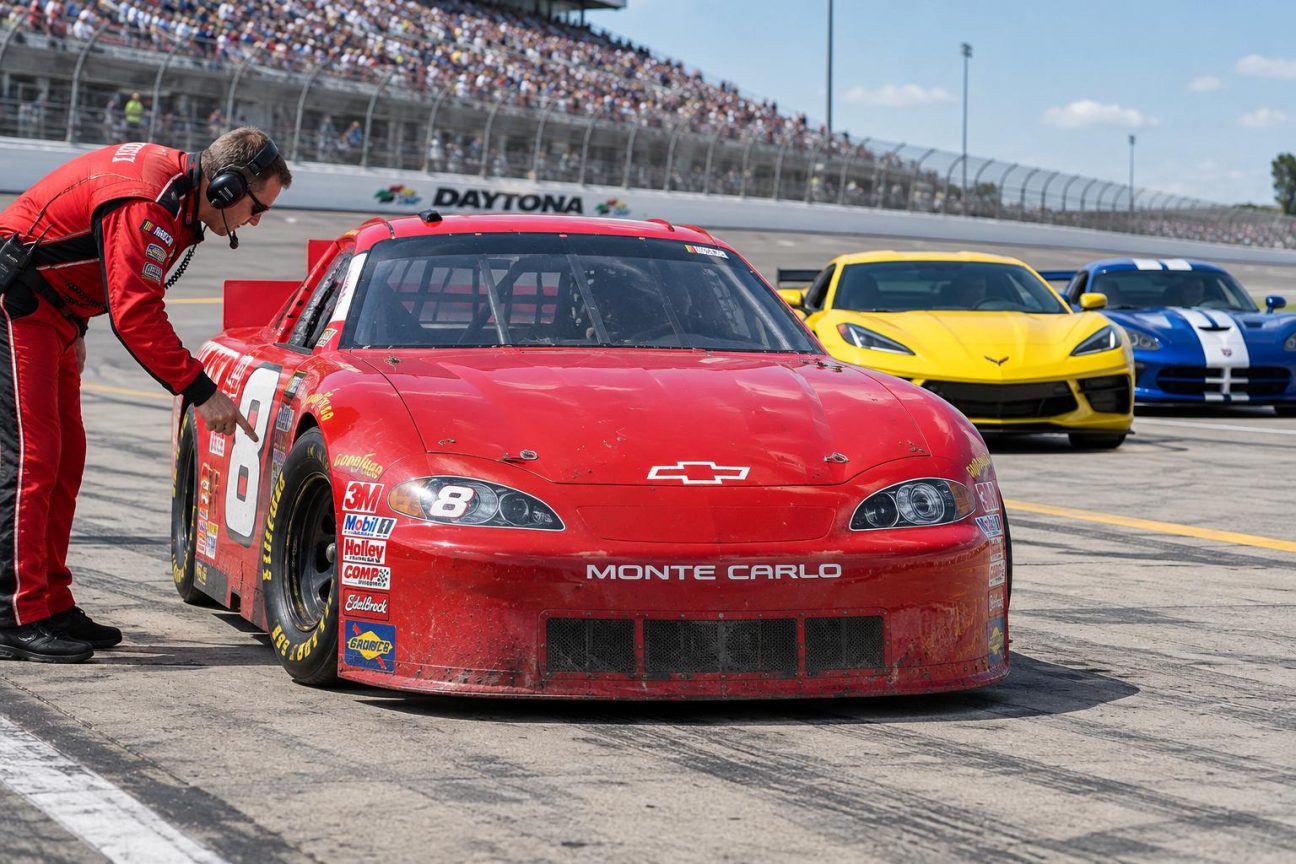 Illustration du héros de Pixar Flash McQueen, voiture de course rouge avec numéro 95, entouré de silhouettes de Chevrolet Corvette, Dodge Viper et stock-car NASCAR pour illustrer ses influences de conception.
