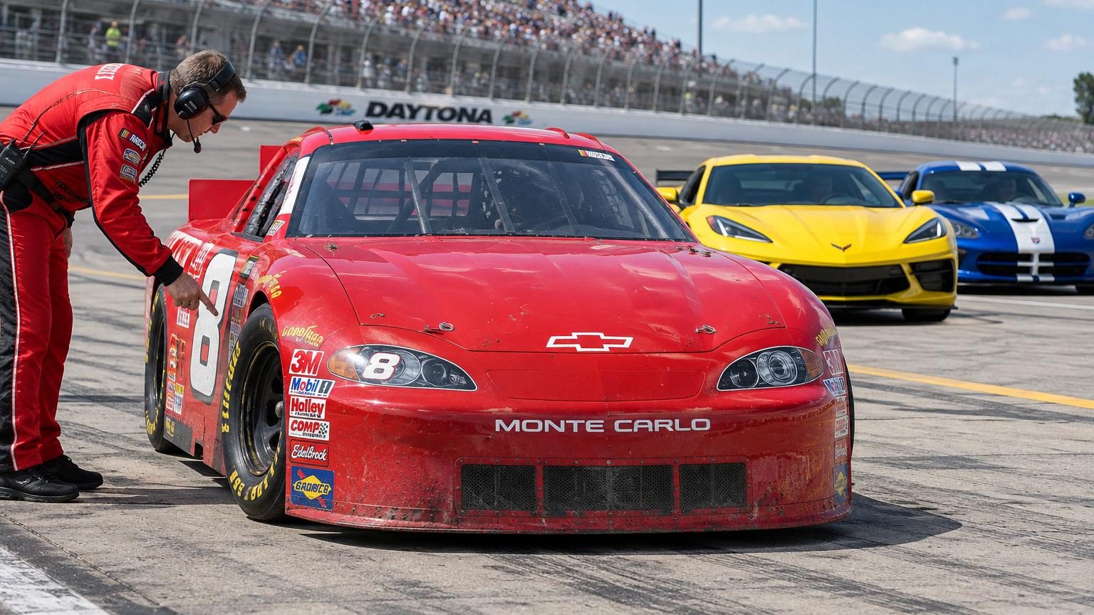 Illustration du héros de Pixar Flash McQueen, voiture de course rouge avec numéro 95, entouré de silhouettes de Chevrolet Corvette, Dodge Viper et stock-car NASCAR pour illustrer ses influences de conception.
