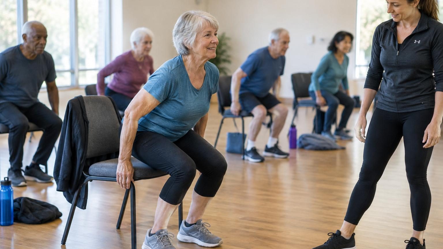 Groupe de retraités en séance de renforcement musculaire léger assis et debout près de chaises solides, certains avec des cannes, concentrés sur les mouvements guidés par une animatrice.