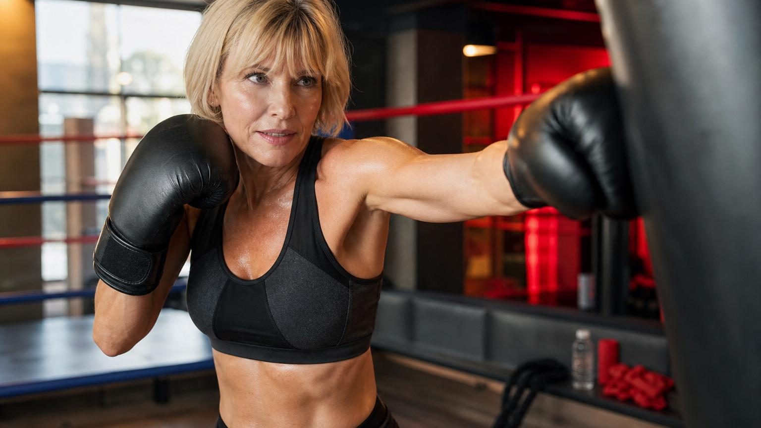 Femme de 56 ans en gants de boxe rouge, frappant un sac de boxe noir dans une salle d'entraînement, illustrant une séance de boxe fitness.
