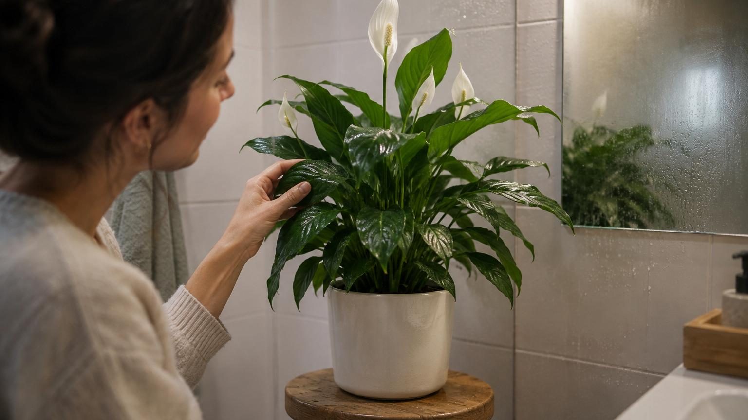 Plante de calathea aux feuilles nervurées et colorées, positionnée dans un coin ombragé d'une salle de bains humide pour absorber la vapeur d'eau.