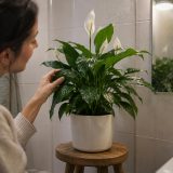 Plante de calathea aux feuilles nervurées et colorées, positionnée dans un coin ombragé d'une salle de bains humide pour absorber la vapeur d'eau.