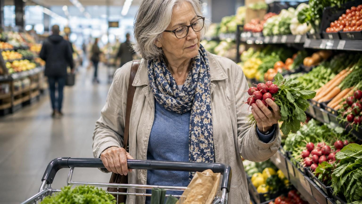 Personne âgée poussant un chariot de courses dans une allée calme et bien approvisionnée d'un supermarché en matinée.
