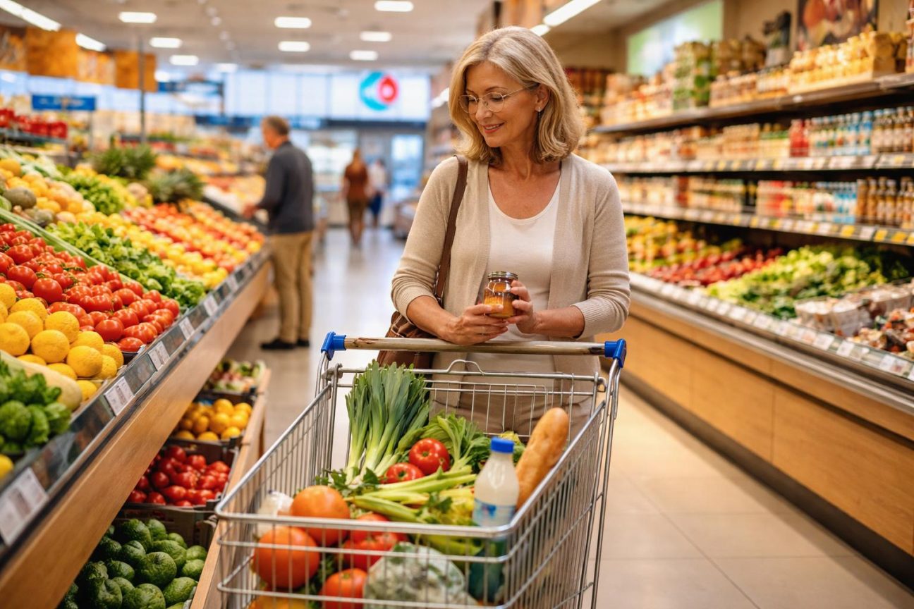 Personne âgée de dos devant les rayons d'un supermarché calme, consultera une liste de courses, magasin vide en milieu de matinée.