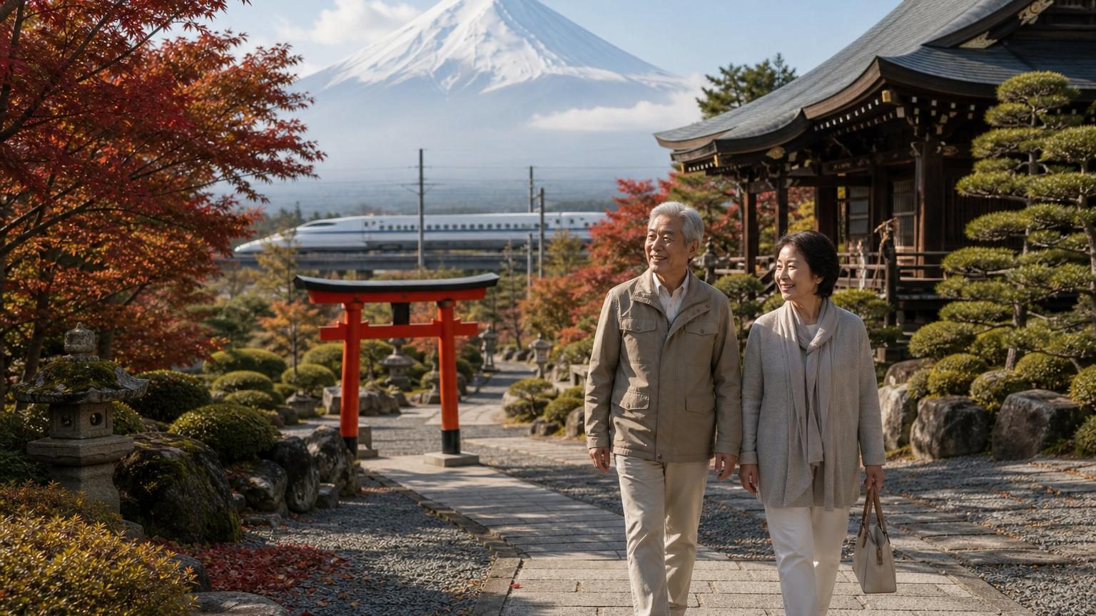 Voyageuse senior marchant dans une ruelle traditionnelle du Japon, temple pagode en arrière-plan, lanternes japonaises illuminant la rue pavée.