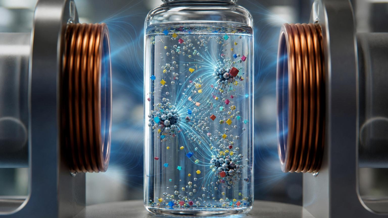 Illustration conceptuelle de minuscules robots magnétiques capturant des fragments de microplastiques dans une goutte d'eau purifiée.