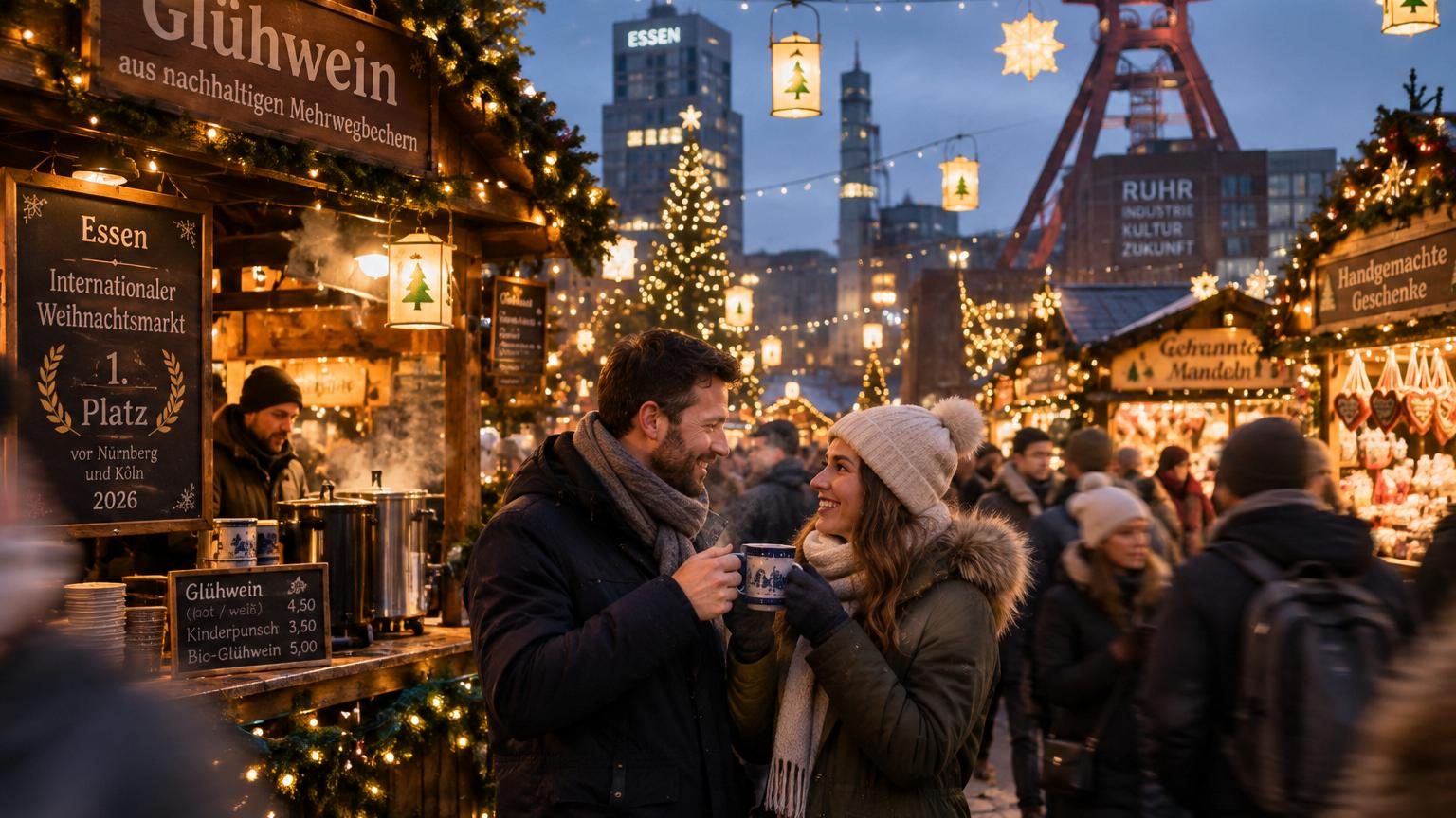 Marché de Noël d'Essen avec illuminations couvrant façades et rues commerçantes du centre-ville, stands traditionnels et sapin géant entourés de lumières.
