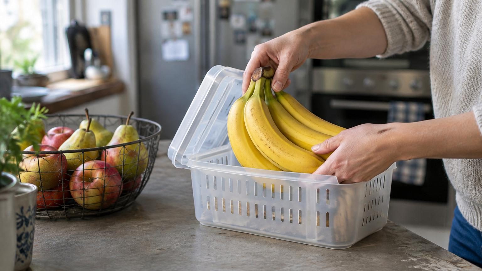 Régime de bananes jaunes fraîchement cueillies posées dans une corbeille à fruits aérée, loin des autres fruits, sur un plan de travail ombragé et loin du four.