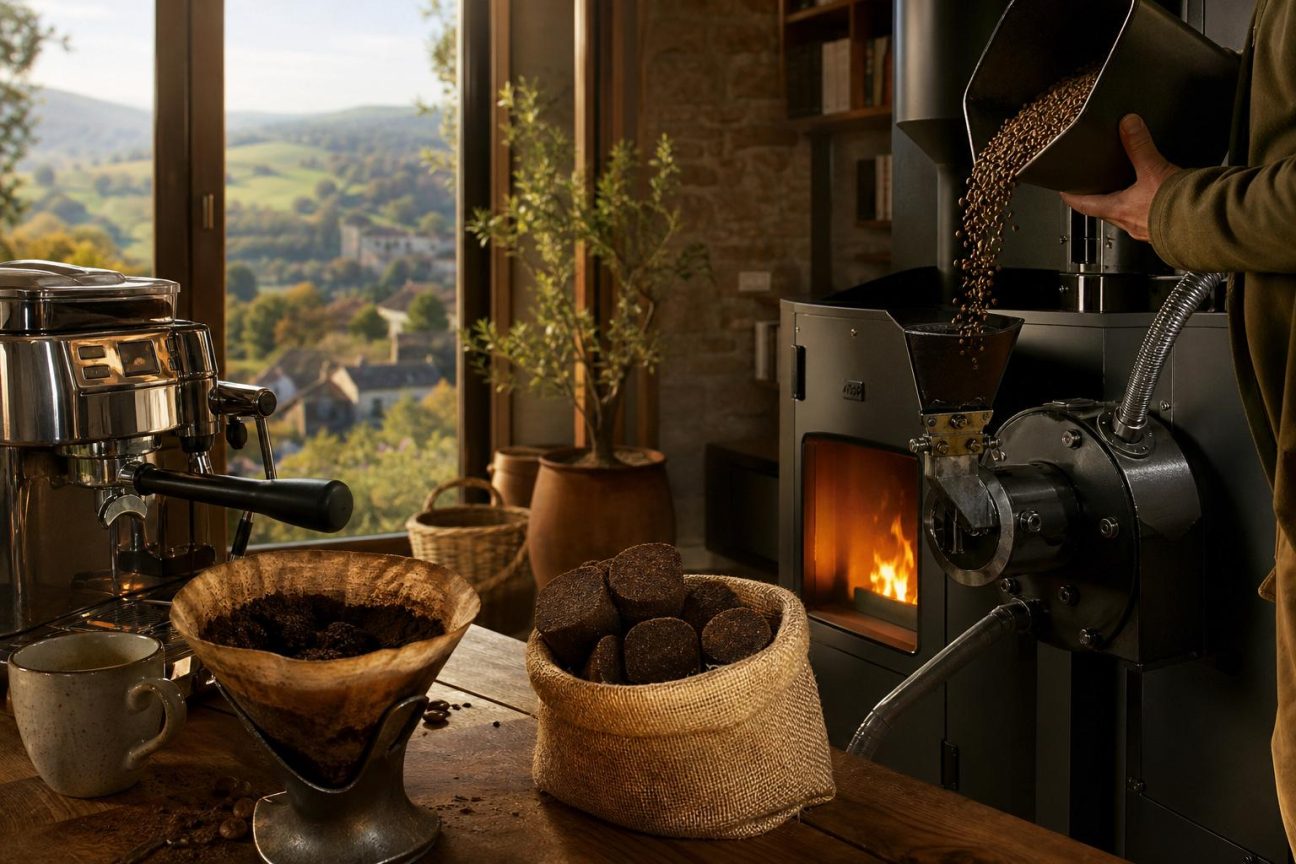Une chaudière biomasse remplie de marc de café séché transformé en briquettes, illustrant le processus de valorisation énergétique d'un déchet quotidien.